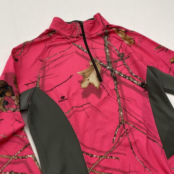 Mossy Oak Pullover Womens Medium Pink Camo 1/4 Zip Performance Hunting Stretch - Picture 3 of 12